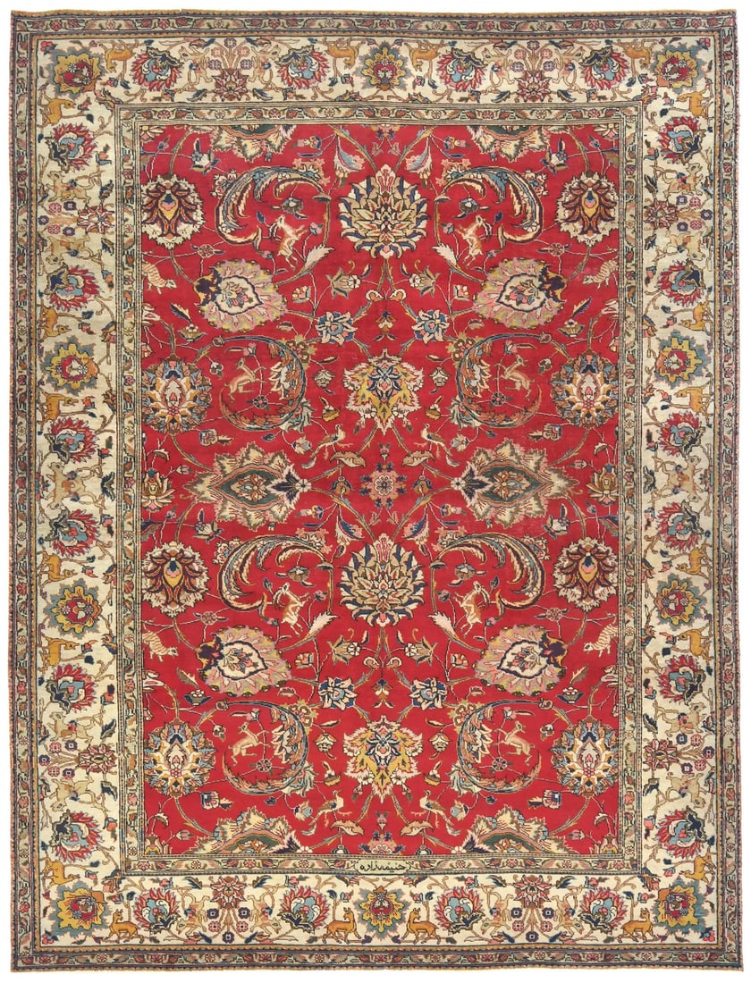Vintage Hand-Knotted Floral Wool Area Rug 7'10 x 10'9 Red Cream: Vintage Hand-Knotted Floral Wool Area Rug 7'10 x 10'9 Red Cream Enhance your living space with this large hand-knotted semi-antique rug, perfect for bedrooms and various other rooms. Measuring 7'10" x