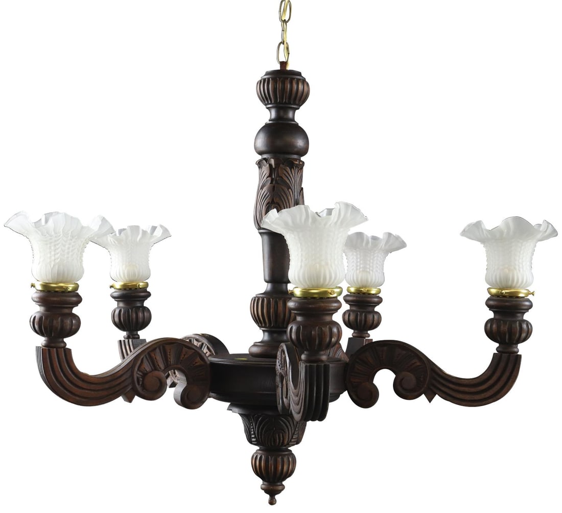 Vintage 1950s French Oak Bowl Chandelier 5-Arm Renaissance Style: Vintage 1950s French Oak Bowl Chandelier 5-Arm Renaissance Style Illuminate your space with this exquisite Vintage French Oak Chandelier from the 1950s, showcasing a charming Renaissance style. This s