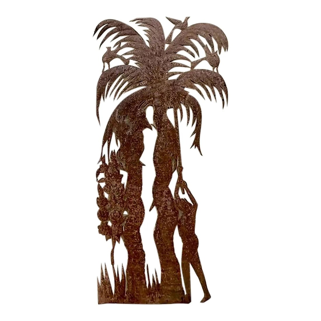 Vintage Coastal Metal Palm Tree Wall Sculpture 71 inches Rustic Charm: Vintage Coastal Metal Palm Tree Wall Sculpture 71 inches Rustic Charm Make a monumental statement with this captivating Vintage Coastal Punch Cut Palm Tree Wall Sculpture, a unique work of art that be