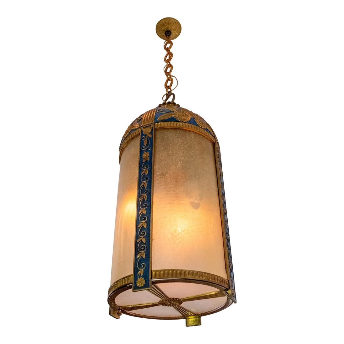 1930s Vintage Art Deco Curved Glass Ceiling Chandelier Blue: 1930s Vintage Art Deco Curved Glass Ceiling Chandelier Blue Illuminate your space with this stunning vintage Art Deco chandelier from the 1930s. This exquisite fixture features a beautiful curved glas