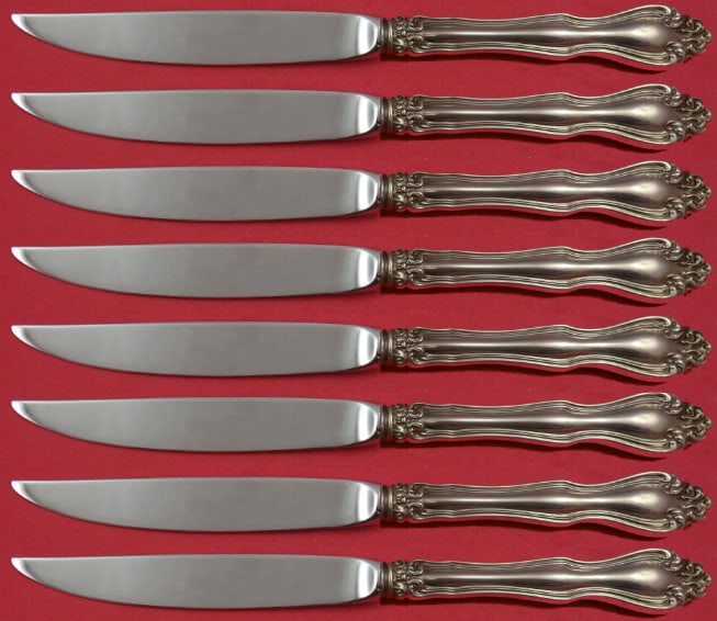 Westmorland George & Martha Sterling Silver Steak Knife Set 8pc: Westmorland George & Martha Sterling Silver Steak Knife Set 8pc This exquisite set of 8 steak knives features the George & Martha pattern by Westmorland, crafted from high-quality sterling silver. Eac