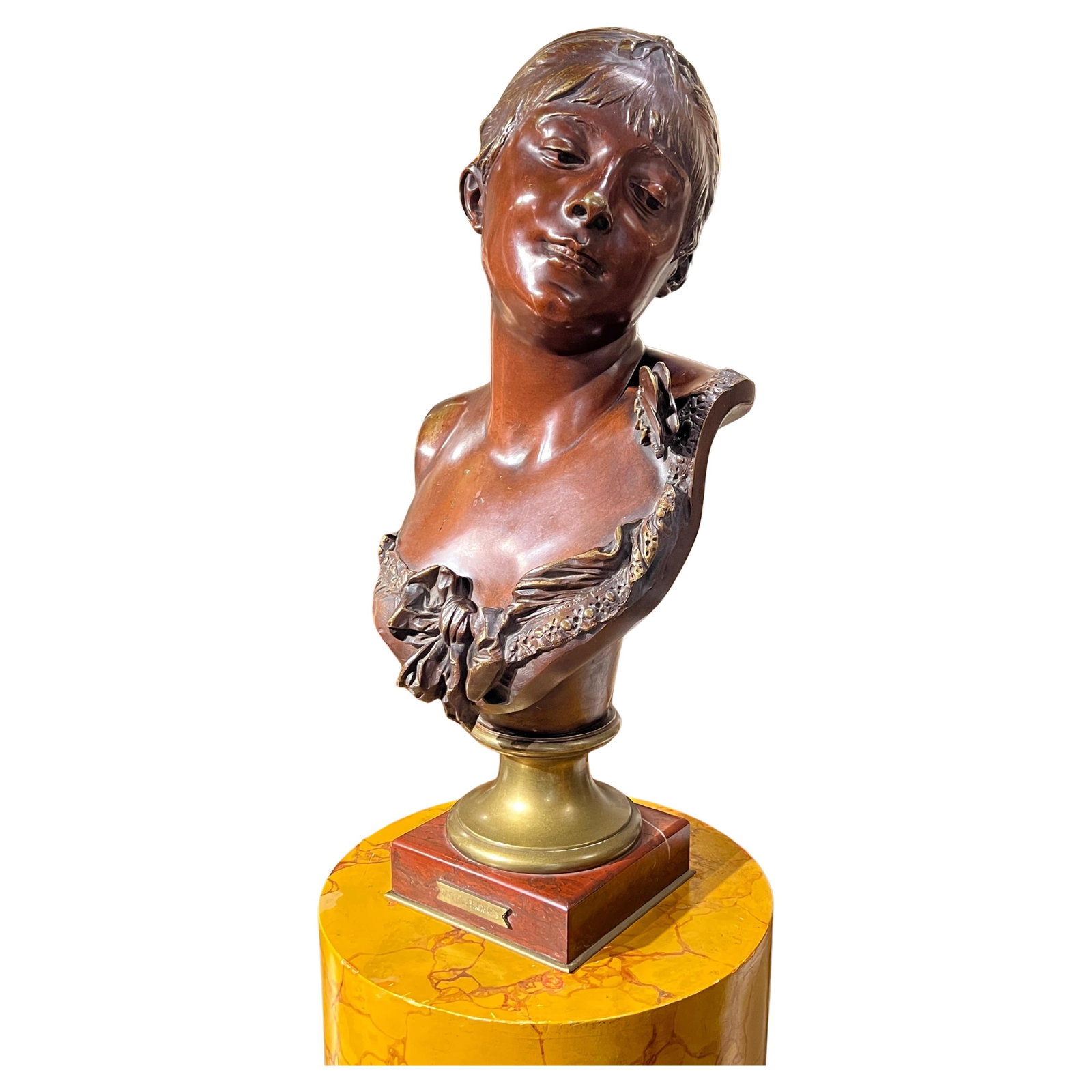 French Bronze and Marble Woman Bust After Carrier-Belleuse c1880s: French Bronze and Marble Woman Bust After Carrier-Belleuse c1880s This finely cast, patinated bronze bust depicts a woman with a butterfly on her shoulder, modeled after the original work by Albert-Er