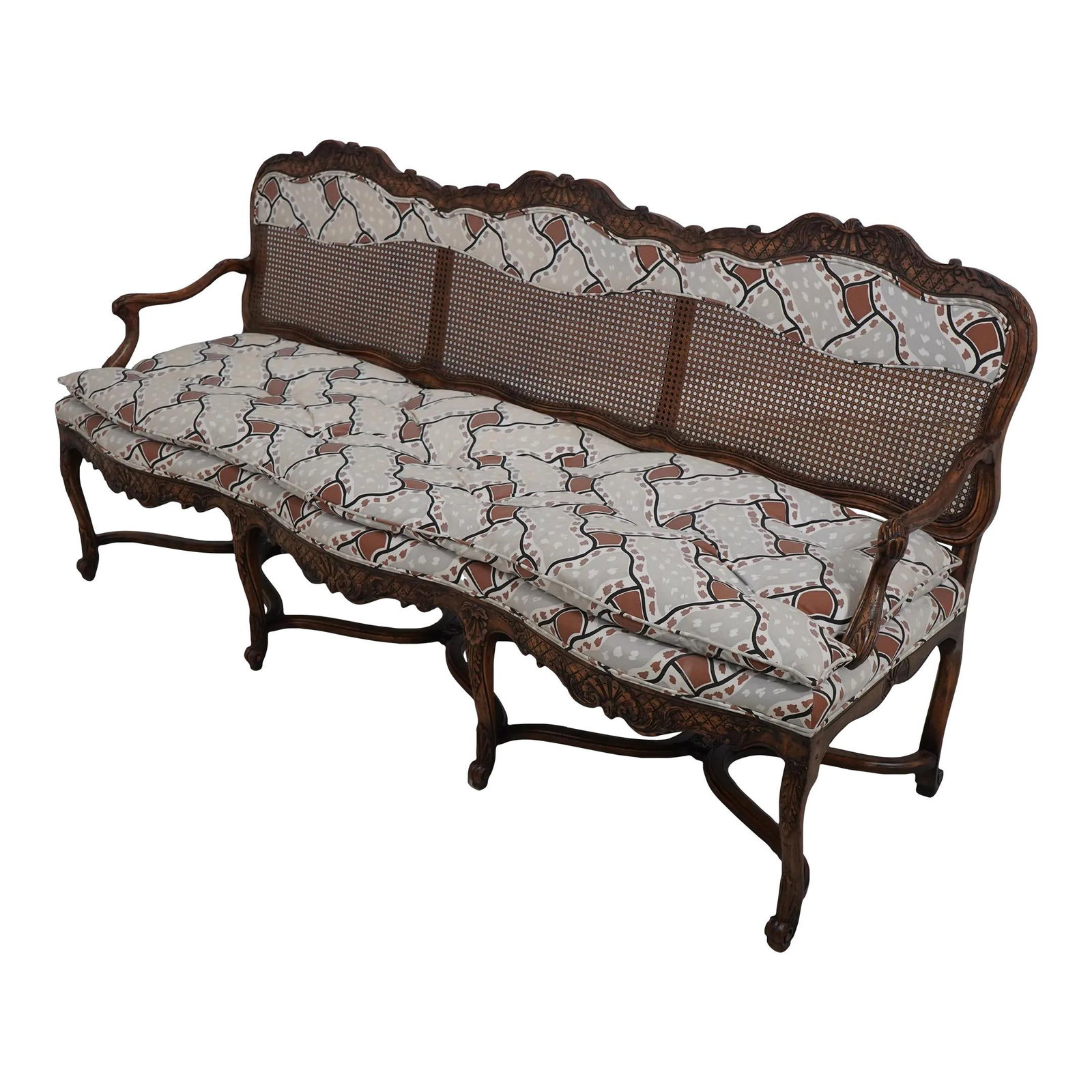 Yale Burge French Louis XV Cane Back Settee Elegant Vintage Design: Yale Burge French Louis XV Cane Back Settee Elegant Vintage Design This elegant French Louis XV cane back long settee is a timeless piece, approximately 60 years old, showcasing fine carved details an