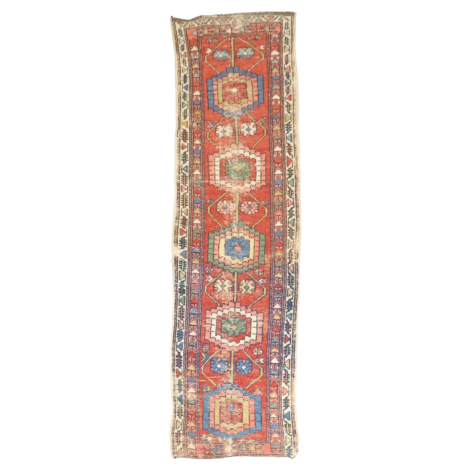 Early 20th Century Heriz Wool Runner Rug 2'3 x 8'2 Worn Rustic Persian: Early 20th Century Heriz Wool Runner Rug 2'3 x 8'2 Worn Rustic Persian This early 20th century Persian Heriz runner features a rustic style and is hand-woven from wool. The narrow design showcases the