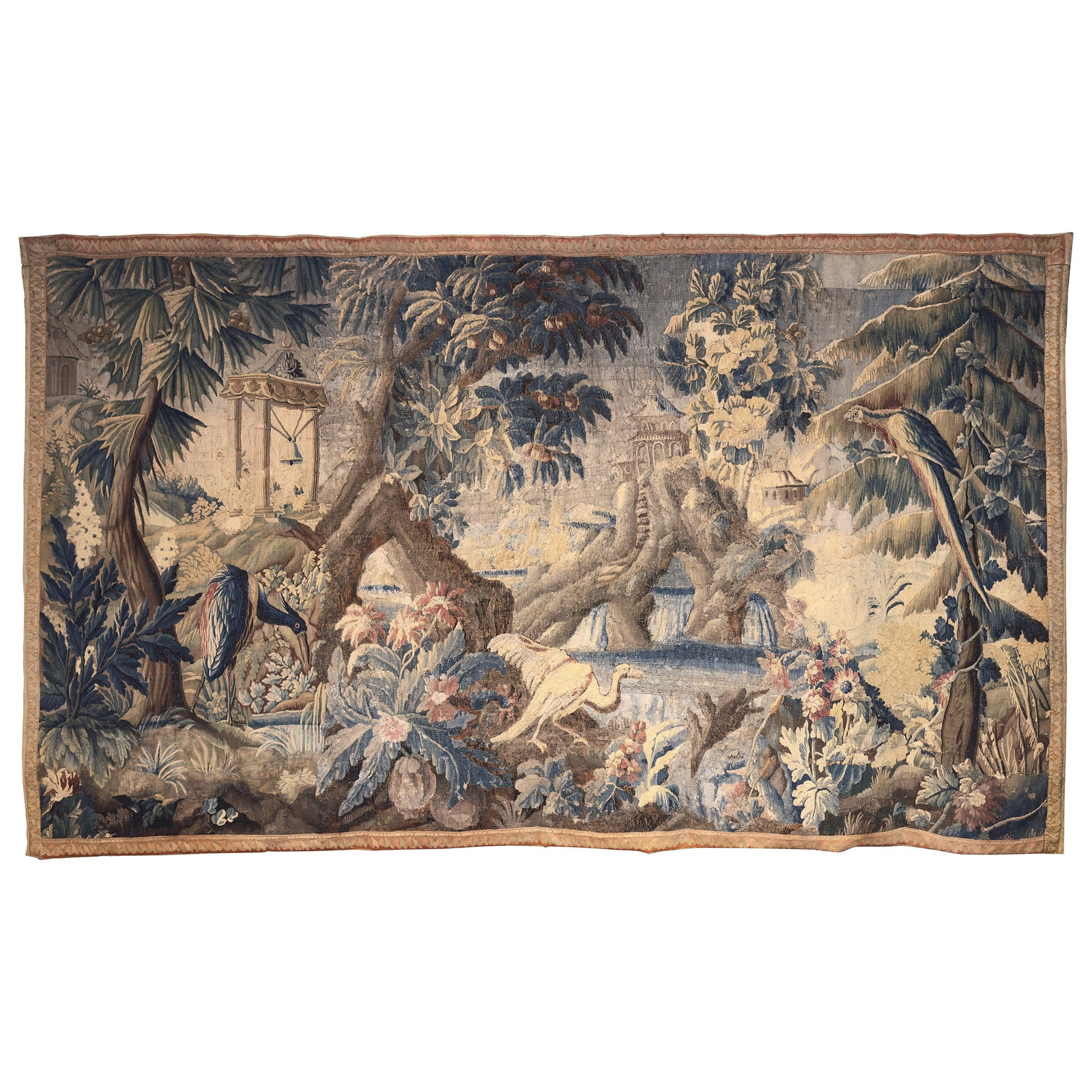 18th Century Louis XV Aubusson Tapestry with Birds and Floral Border: 18th Century Louis XV Aubusson Tapestry with Birds and Floral Border This stunning 18th-century French hand-woven Aubusson tapestry, crafted around 1760, showcases the exquisite artistry of one of the