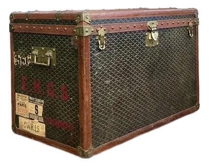 Authentic Vintage Goyard Steamer Trunk with Brass Hardware: Authentic Vintage Goyard Steamer Trunk with Brass Hardware Experience legendary French luxury with this authentic vintage steamer trunk from Maison Goyard. This exquisite piece showcases the iconic ha