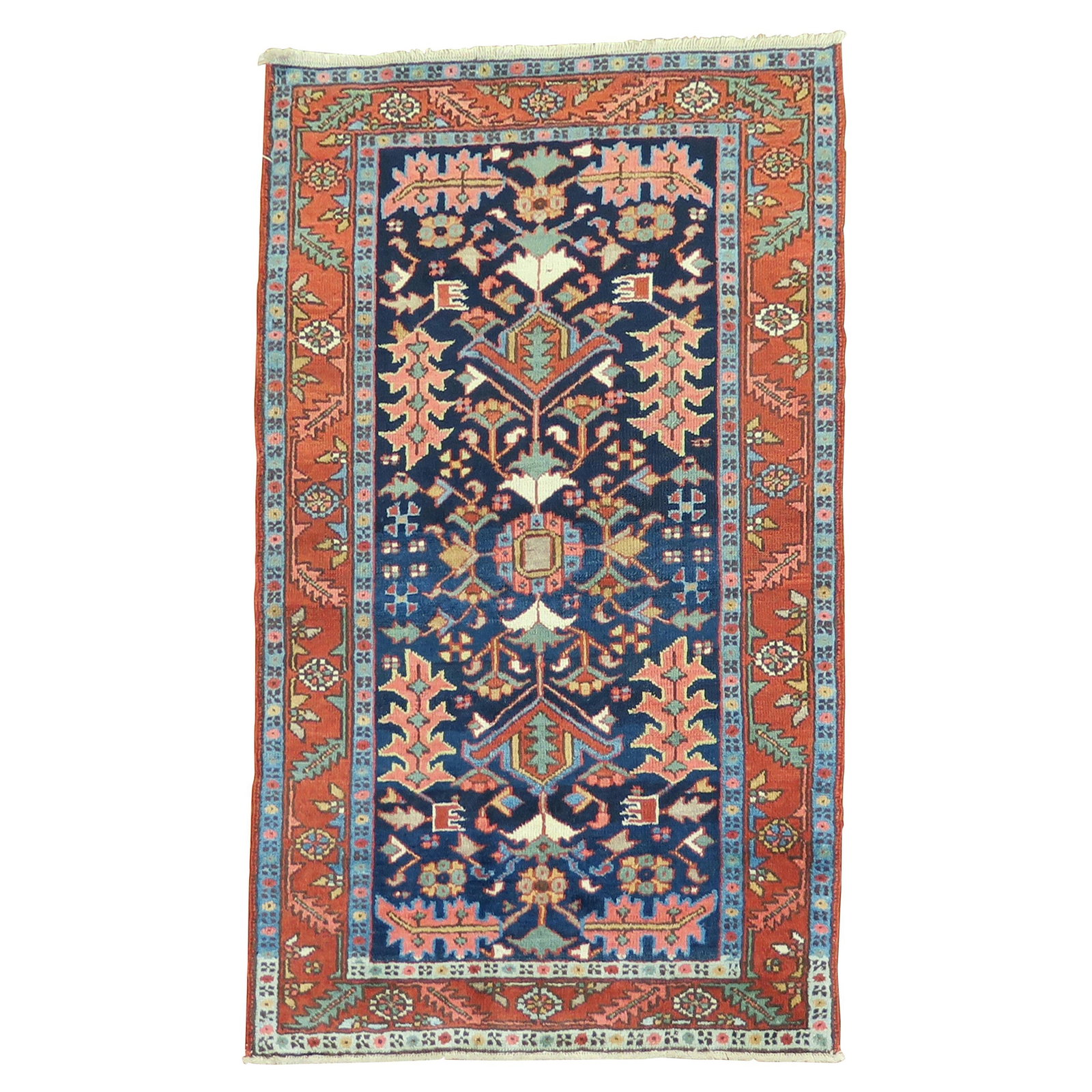 Antique Persian Heriz Rug Early 20th Century Navy Hand-Woven Wool 2'11" x 4'6": Antique Persian Heriz Rug Early 20th Century Navy Hand-Woven Wool 2'11" x 4'6" This exquisite early 20th century Persian Heriz rug features a striking geometric motif set against a vibrant navy blue b