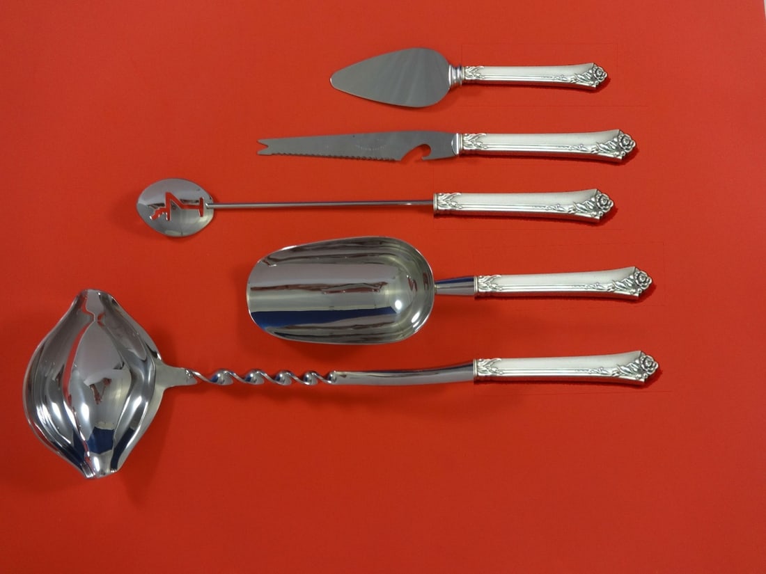 Oneida Damask Rose Sterling Silver 5pc Cocktail Serving Set: Oneida Damask Rose Sterling Silver 5pc Cocktail Serving Set Elevate your cocktail gatherings with the exquisite Damask Rose Sterling Silver Cocktail Party Bar Serving Set by Oneida. This custom 5-piec