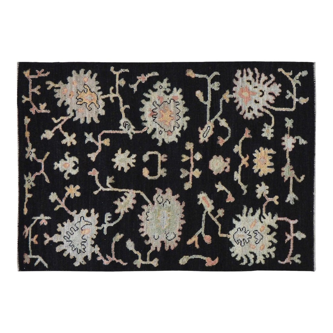 Hand Knotted Wool Oushak Rug Black 5'x7' Turkish Vintage 1970s: Hand Knotted Wool Oushak Rug Black 5'x7' Turkish Vintage 1970s This 1970s Turkish Oushak rug is hand-knotted from wool, showcasing traditional craftsmanship combined with a modern design sensibility. 