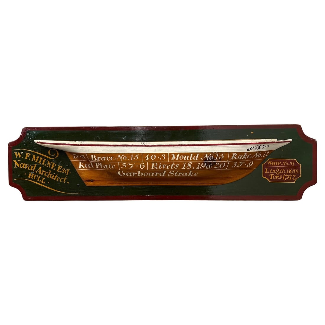 Antique Half Hull Ship Model by W. F. Milne Esq England: Antique Half Hull Ship Model by W. F. Milne Esq England Presenting an exquisite antique half hull ship model by W. F. Milne Esquire, a noted Naval Architect from Hull, England. This detailed model rep