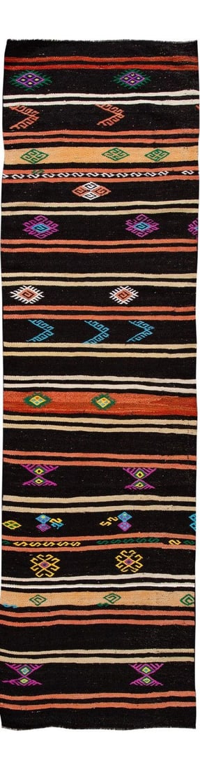 Stunning Vintage Kilim Wool Runner 3 x 10'11 Multi-Color Design: Stunning Vintage Kilim Wool Runner 3 x 10'11 Multi-Color Design Enhance your living space with this stunning vintage kilim wool runner, featuring a vibrant multi-color motif that showcases intricate d