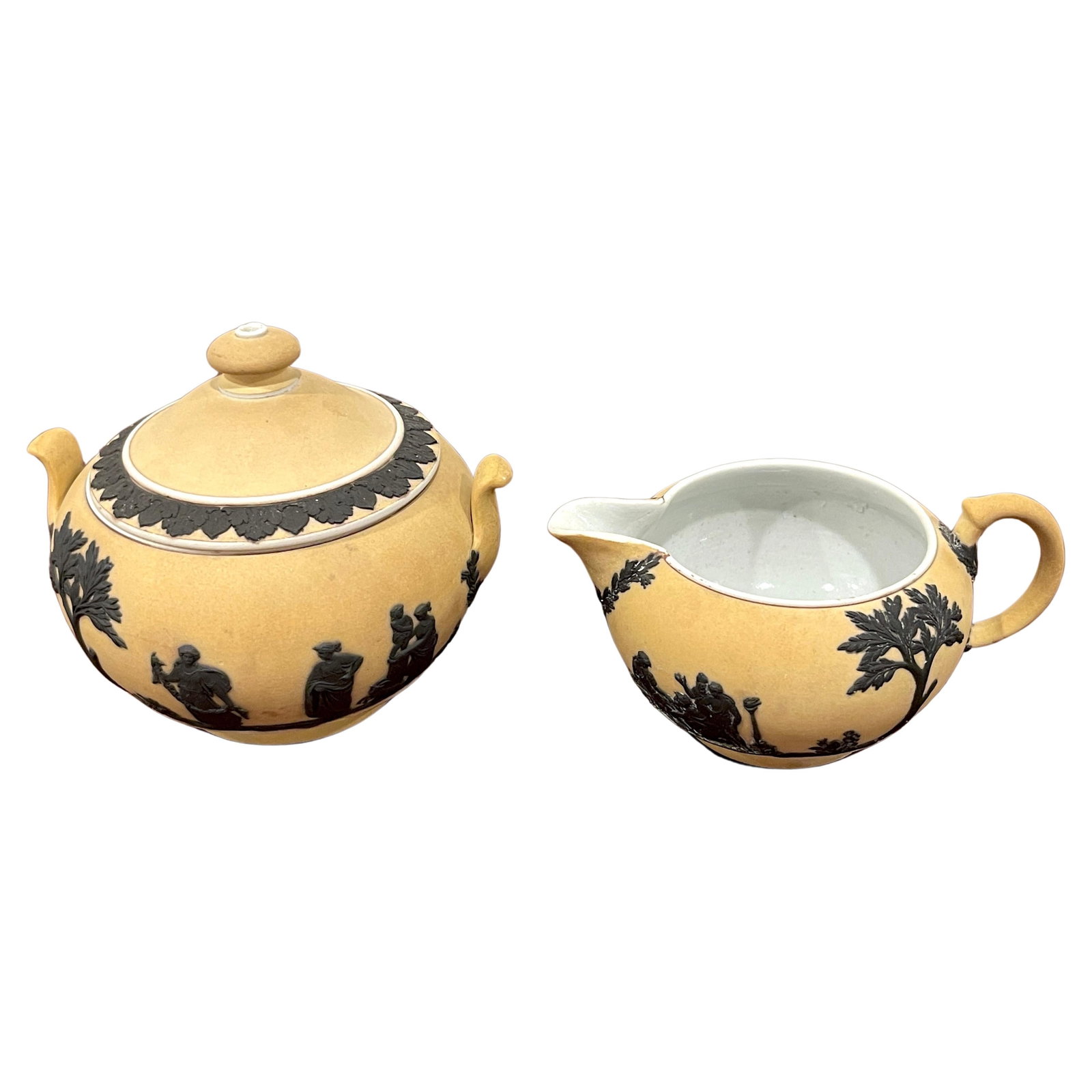 Wedgwood Yellow Dip Jasperware Black Basalt Sugar Creamer Set C 1900: Wedgwood Yellow Dip Jasperware Black Basalt Sugar Creamer Set C 1900 Discover this exquisite set of Wedgwood Yellow Dip Jasperware and Black Basalt Sugar and Creamer, crafted circa 1900. This charming