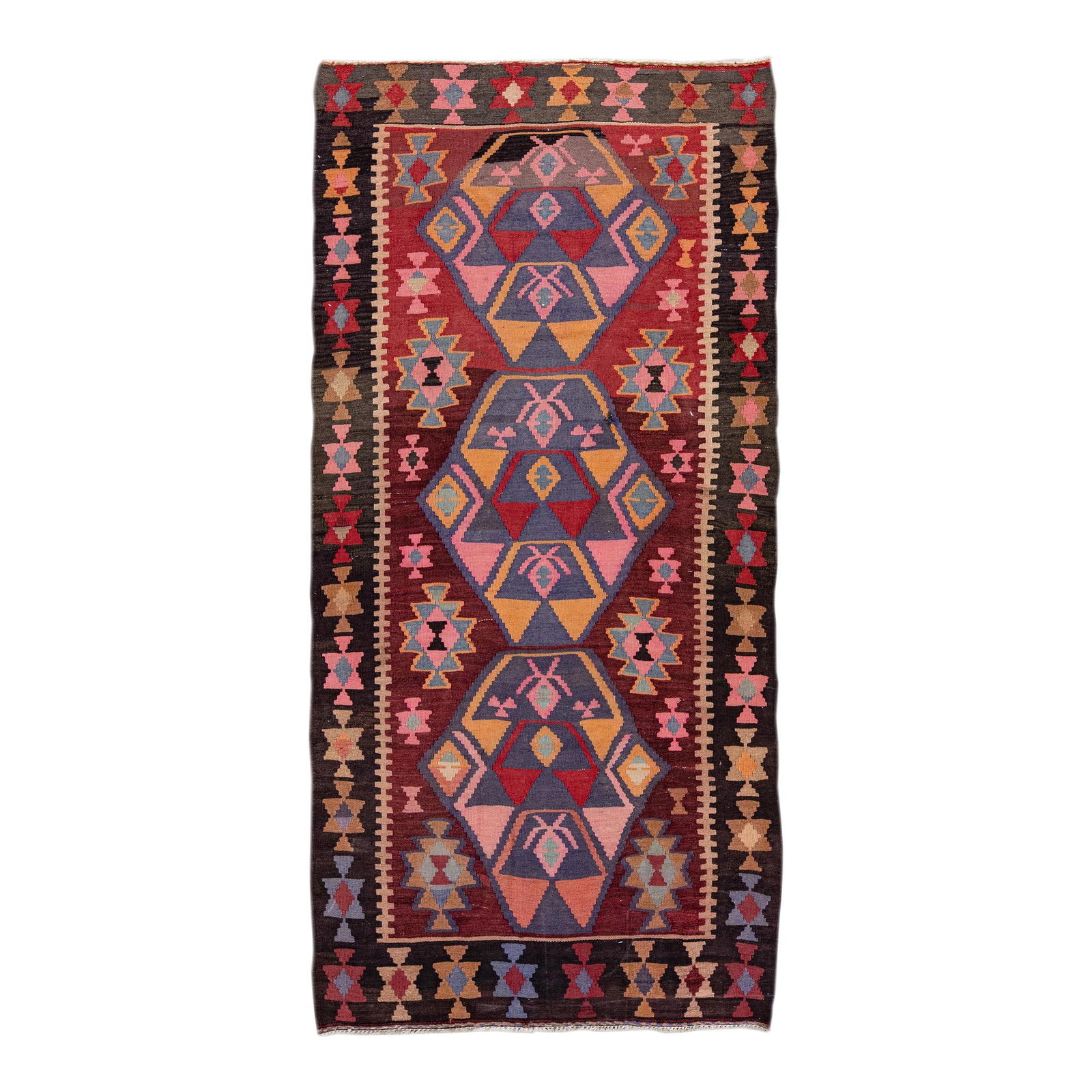Vintage Handmade Kilim Wool Runner 4'6 x 9'3 Burgundy Tribal Design: Vintage Handmade Kilim Wool Runner 4'6 x 9'3 Burgundy Tribal Design This stunning vintage kilim handmade wool runner features a rich burgundy red field adorned with vibrant orange, black, and pink acc