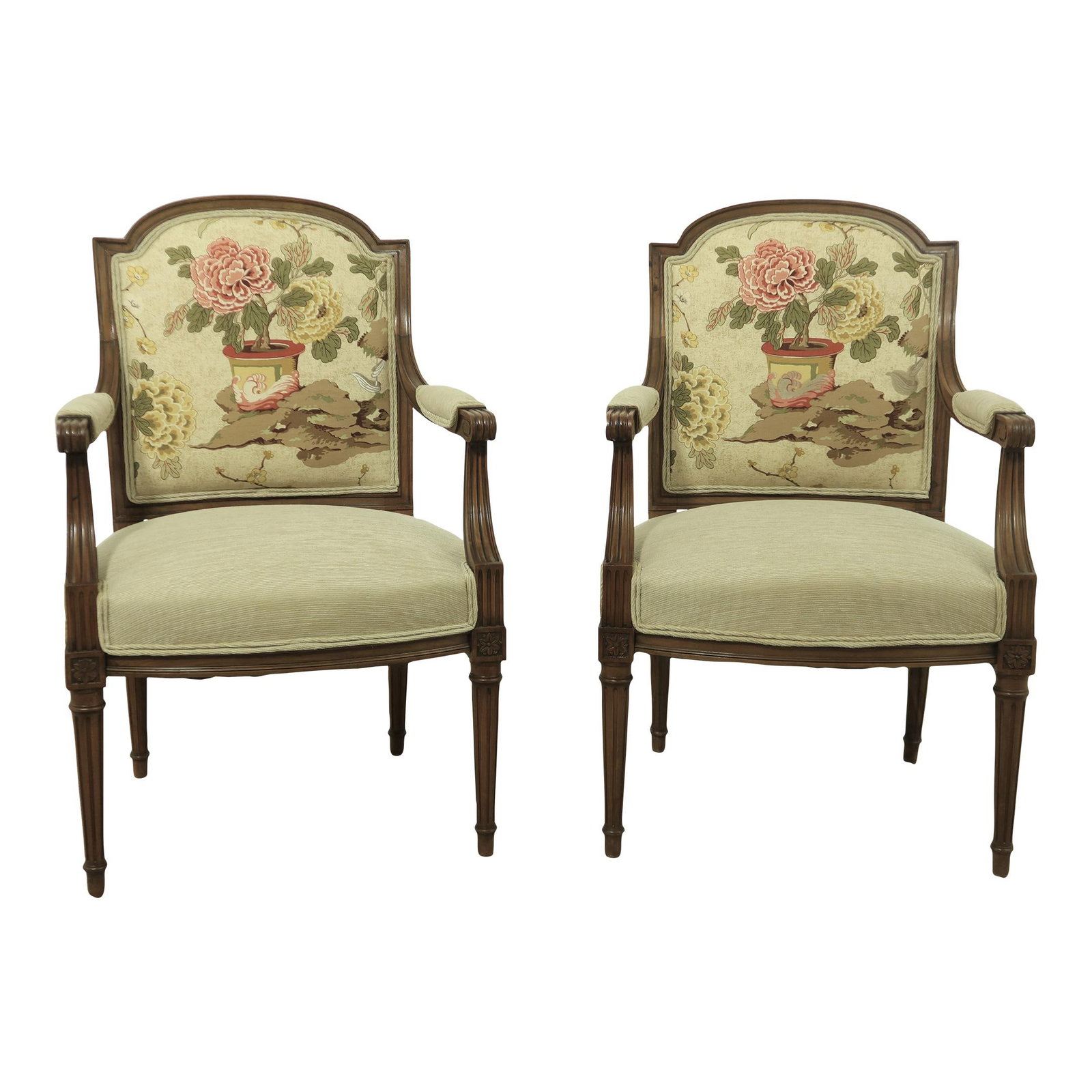 Elegant Pair of Louis XVI Style Armchairs with New Upholstery: Elegant Pair of Louis XVI Style Armchairs with New Upholstery This elegant pair of French Louis XVI style armchairs showcases timeless design and high-quality craftsmanship. With a nod to 18th-century