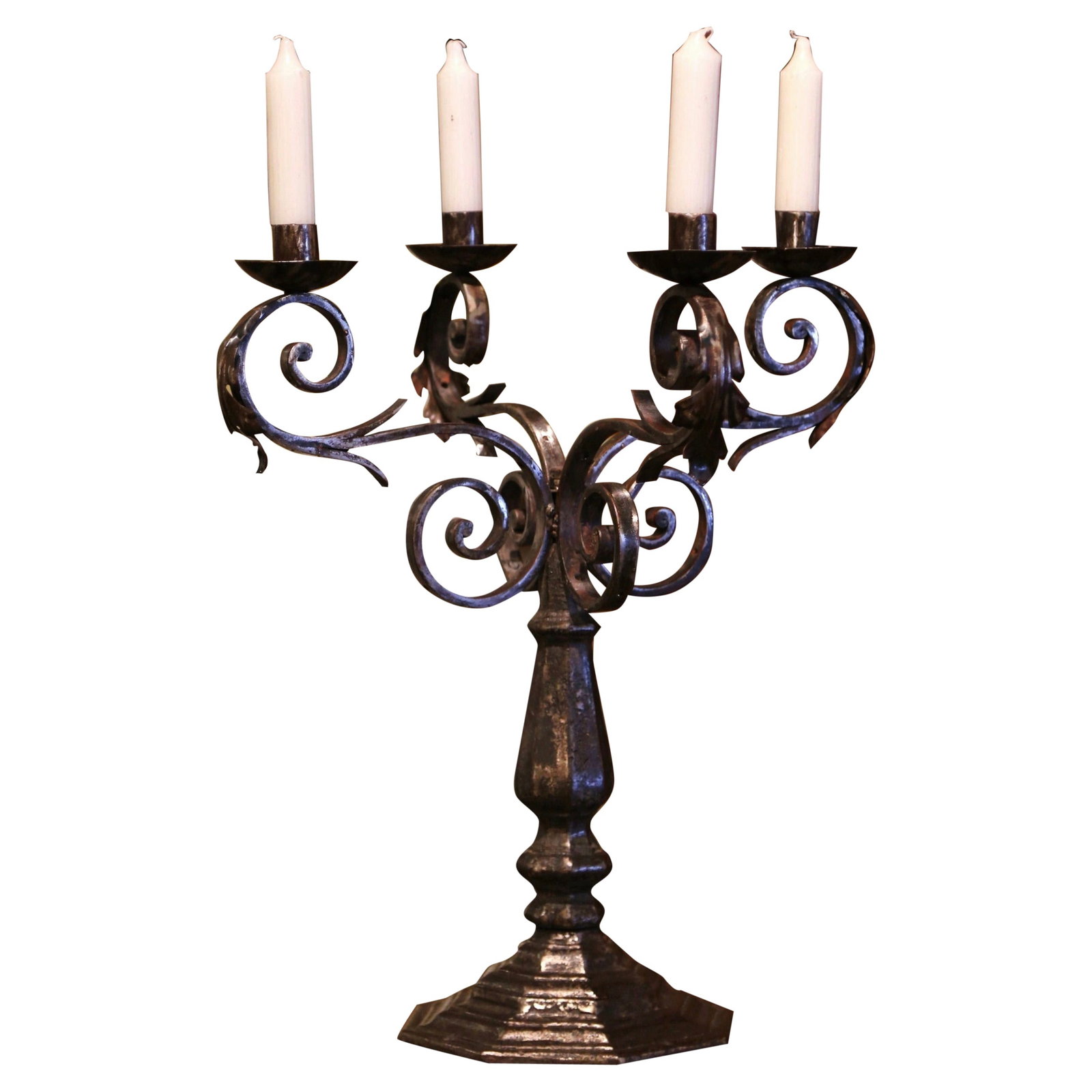 18th Century Louis XIV French Wrought Iron Four-Light Candelabra: 18th Century Louis XIV French Wrought Iron Four-Light Candelabra This exquisite 18th Century French Louis XIV candelabra is a stunning addition to any decor. Measuring 23.5 inches in height, 21 inches