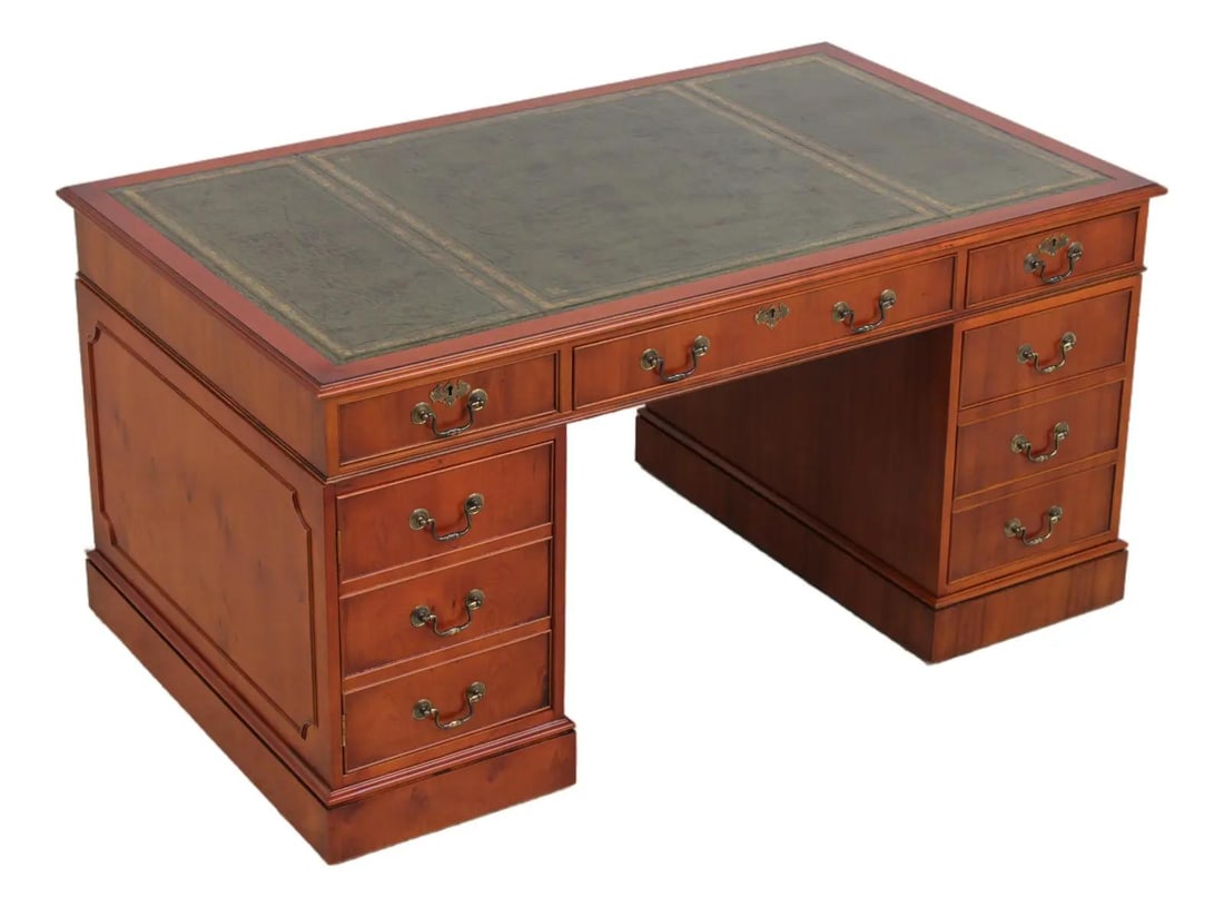 English Style Executive Desk with Green Leather Top and Keyboard Drawer (1 of 10)