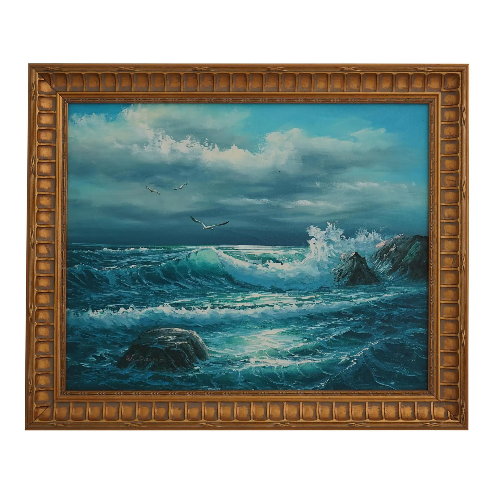 W. Dawson Signed Oil Painting Ocean Scene 24x19.5 in Gold Frame: W. Dawson Signed Oil Painting Ocean Scene 24x19.5 in Gold Frame Experience the beauty of coastal scenery with this vibrant oil painting on canvas by artist W. Dawson. This exquisite piece features a c