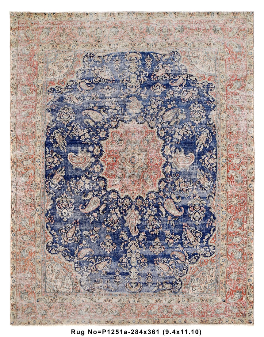 Vintage Persian Rug 9.4 x 12.0 ft Blue Coral Low Pile (1 of 8)