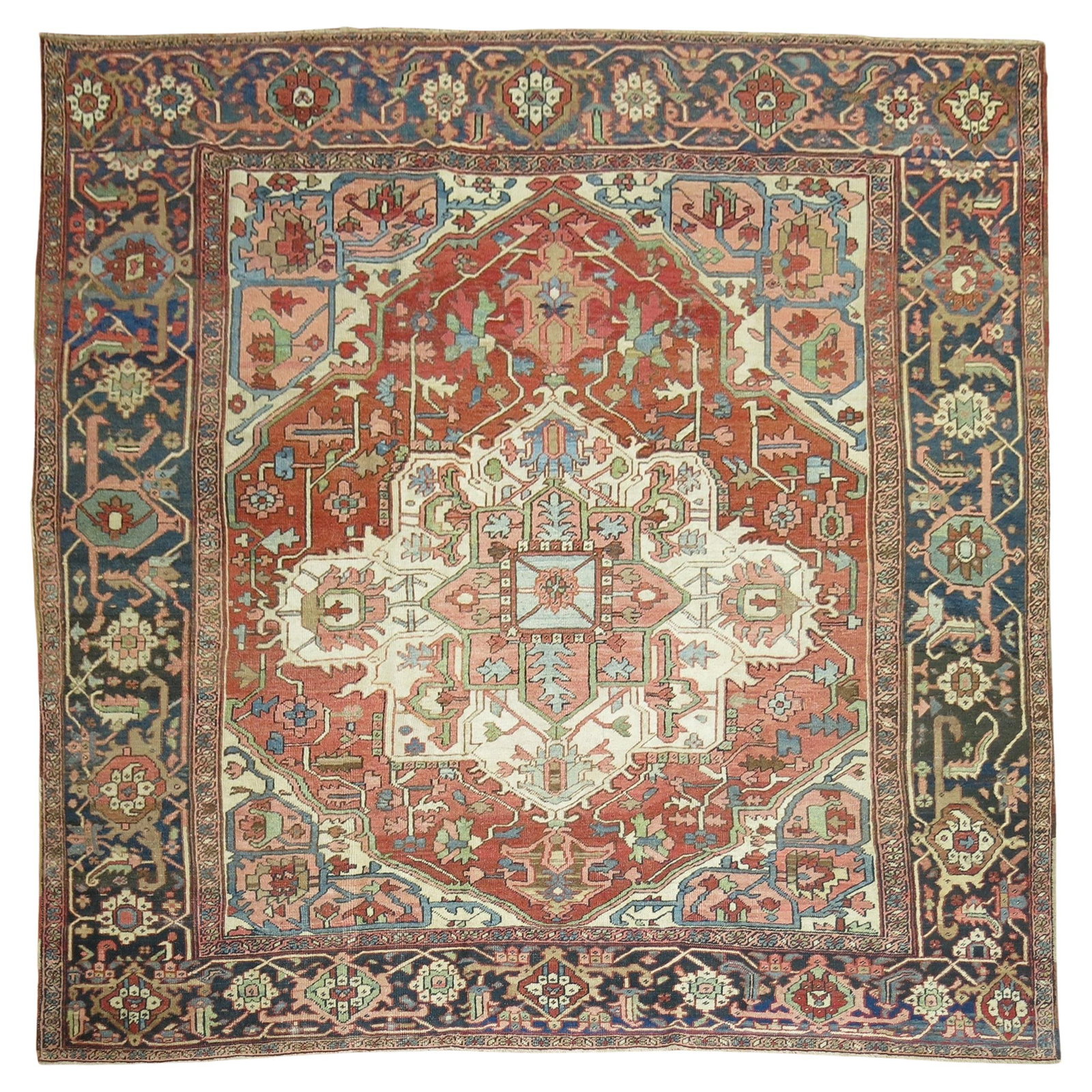 Zabihi Collection Antique Persian Heriz Rug 8'6'' x 9'2'' Hand-Woven Wool: Zabihi Collection Antique Persian Heriz Rug 8'6'' x 9'2'' Hand-Woven Wool Experience the timeless elegance of this large antique Persian square Heriz rug, crafted in the early 20th century around 1920