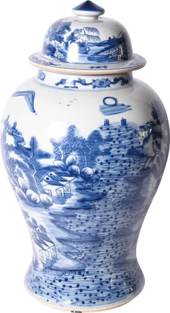 Chinoiserie Handmade Porcelain Temple Jar with Scenic Landscape Design: Chinoiserie Handmade Porcelain Temple Jar with Scenic Landscape Design This exquisite handmade porcelain jar showcases a beautiful scenic design, embodying the elegance of Chinoiserie style. Perfect f