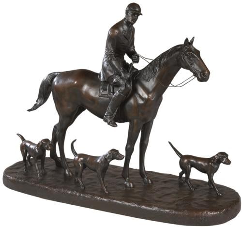 Equestrian Sculpture of Huntsman and 3 Foxhounds Hand-Cast Resin Art: Equestrian Sculpture of Huntsman and 3 Foxhounds Hand-Cast Resin Art This item is made at time of order. Please allow 42 to 70 days for production. Experience the elegance of equestrian art with this 