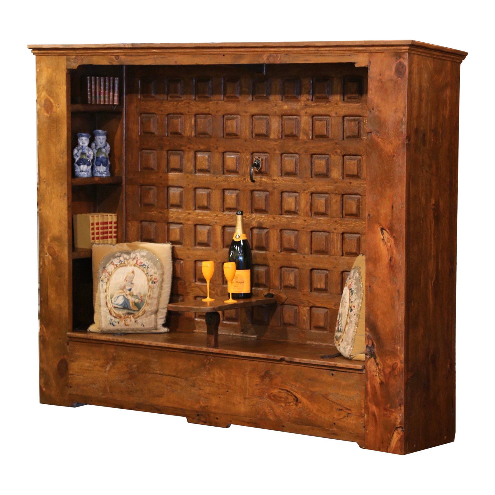 French Pyrenees Zuzulu Bench Trunk Table with Storage and Display Shelves: French Pyrenees Zuzulu Bench Trunk Table with Storage and Display Shelves Enhance your living space with this stunning French Pyrenees carved oak and pine "Zuzulu" bench featuring a fold-down table. T