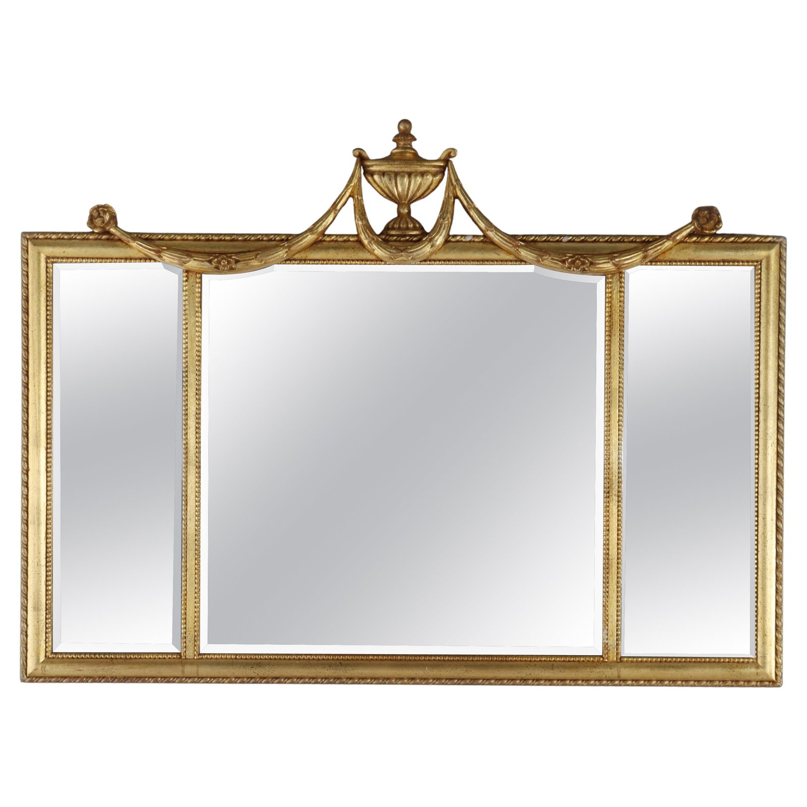Vintage Italian Giltwood Triptych Wall Mirror C1940: Vintage Italian Giltwood Triptych Wall Mirror C1940 This elegant Vintage Italian Style Giltwood Urn & Swag Triptych Wall Mirror from circa 1940 showcases exquisite craftsmanship with its ornate giltwo