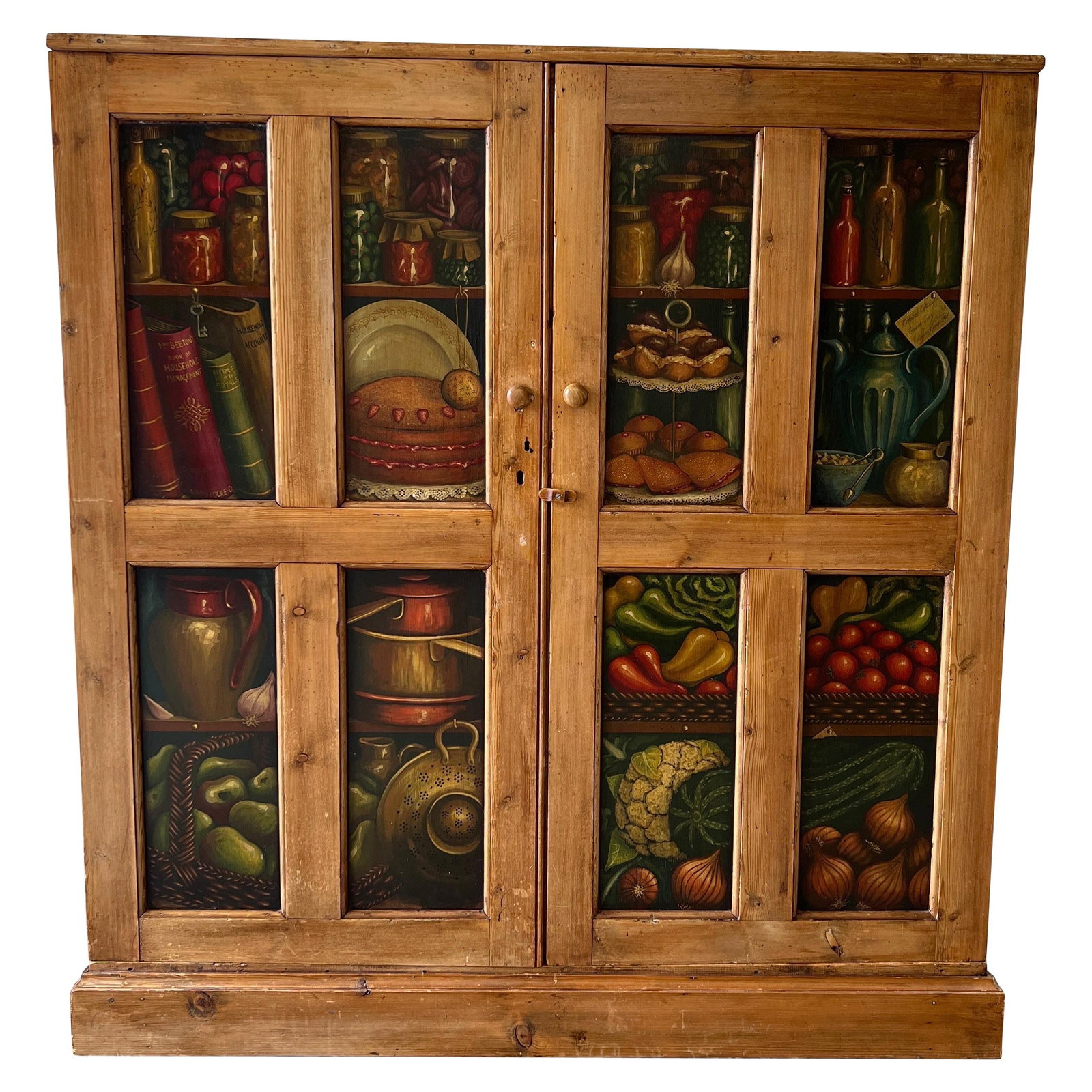 19th Century English Pine Cabinet with Hand Painted Trompe L'Oeil Design: 19th Century English Pine Cabinet with Hand Painted Trompe L'Oeil Design This exquisite 19th Century English pine cabinet features an enchanting hand-painted Trompe l'Oeil design. The exterior showcas