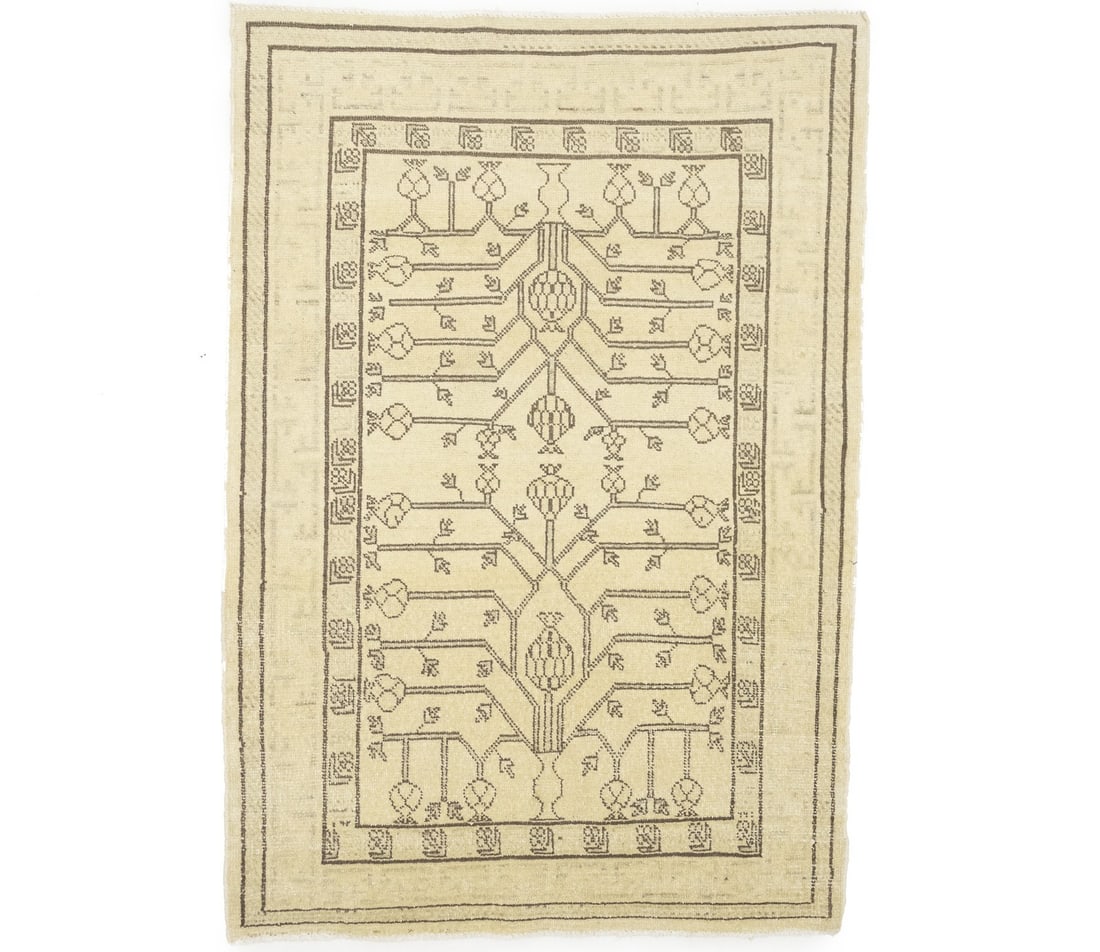 Hand-Knotted Wool Vintage Oriental Area Rug 3'4 x 4'10 Floral Pattern: Hand-Knotted Wool Vintage Oriental Area Rug 3'4 x 4'10 Floral Pattern This handmade beige Oriental rug features a classic vintage design, expertly crafted from hand-knotted wool. The rug showcases a f