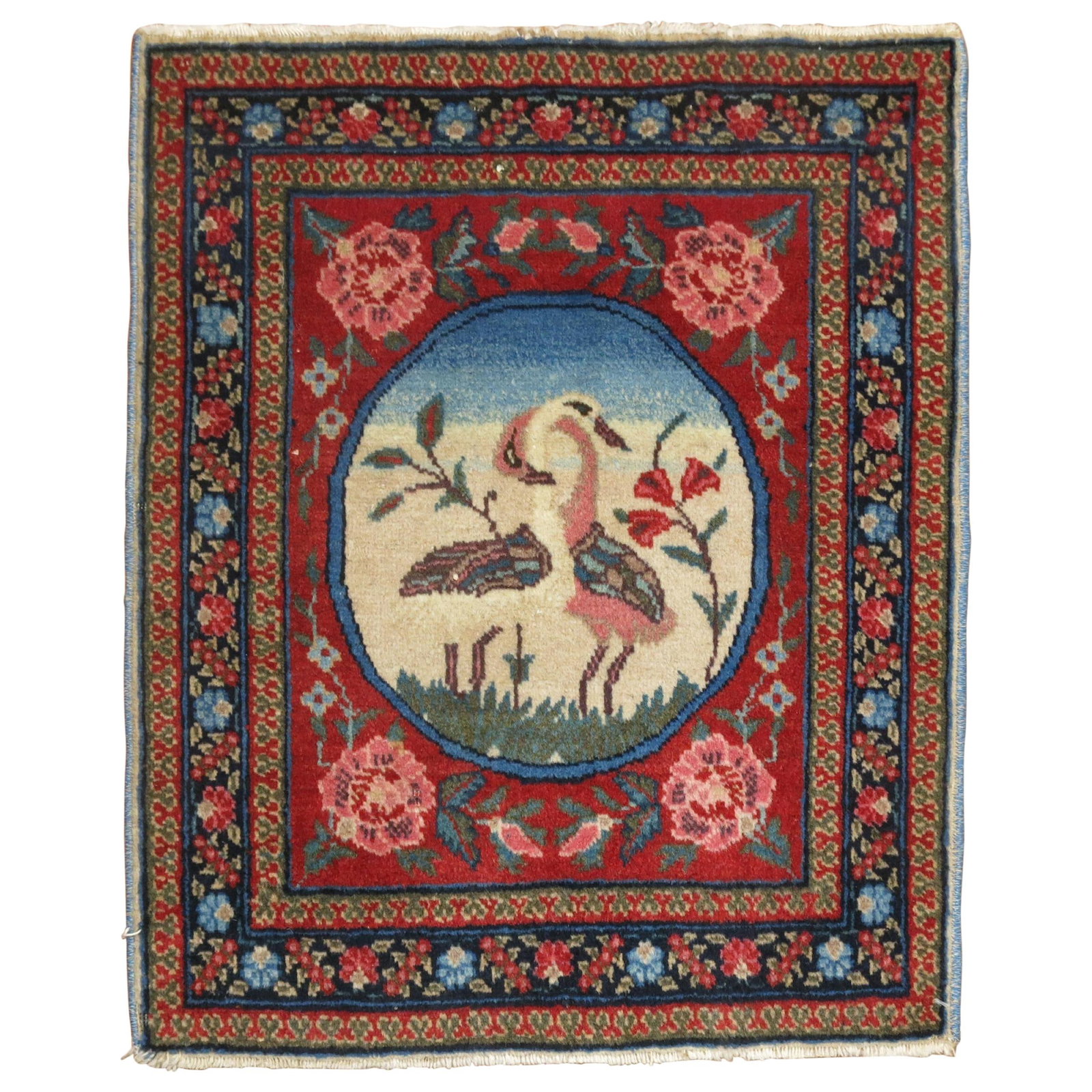 Antique Persian Pictorial Swan Rug 21 x 25 Hand-Woven Wool: Antique Persian Pictorial Swan Rug 21 x 25 Hand-Woven Wool This exquisite antique Kashan Persian pictorial mat features a charming design of two loving swans, skillfully hand-woven from high-quality w