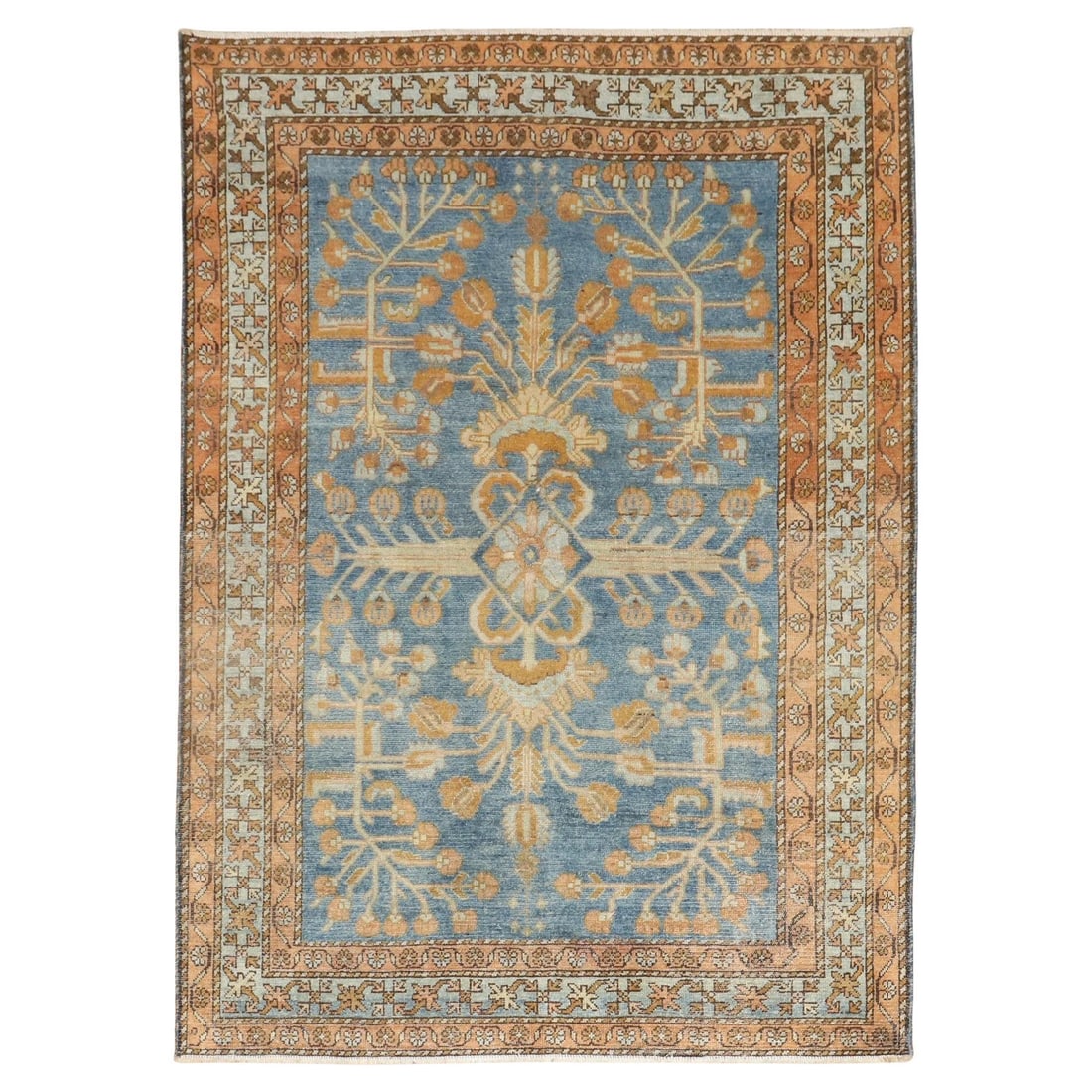 1930s Blue Persian Lilihan Wool Rug Handwoven Romantic Style 3'7 x 4'11: 1930s Blue Persian Lilihan Wool Rug Handwoven Romantic Style 3'7 x 4'11 This exquisite Blue Antique Persian Lilihan Rug showcases a romantic style, beautifully crafted with rich blues and bronze tones