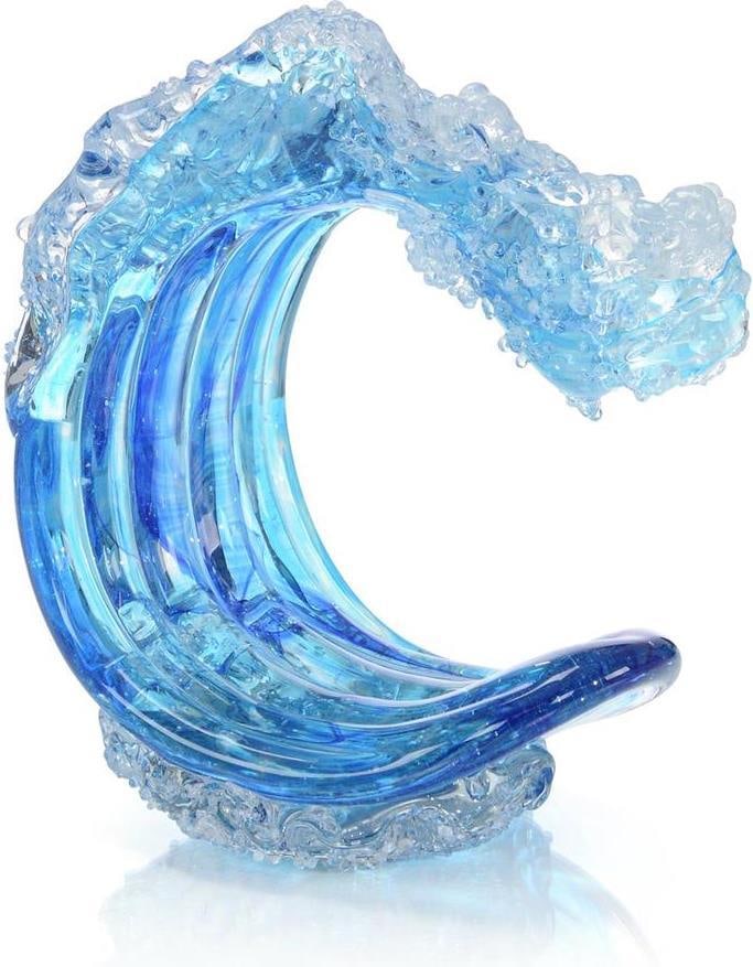 John-Richard Blue Waves Hand-Blown Glass Sculpture 10.75H: John-Richard Blue Waves Hand-Blown Glass Sculpture 10.75H Experience the beauty of the ocean with this stunning Blue Waves Sculpture by John-Richard. This hand-blown glass piece features an exquisite 