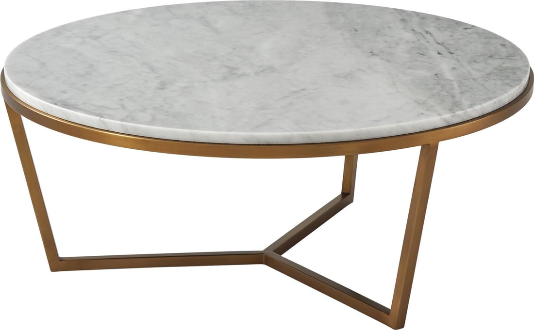 Theodore Alexander Round Marble Brass Cocktail Table: Theodore Alexander Round Marble Brass Cocktail Table This elegant round cocktail table combines luxurious marble and stainless steel, making it a stunning addition to any living space. With a height o