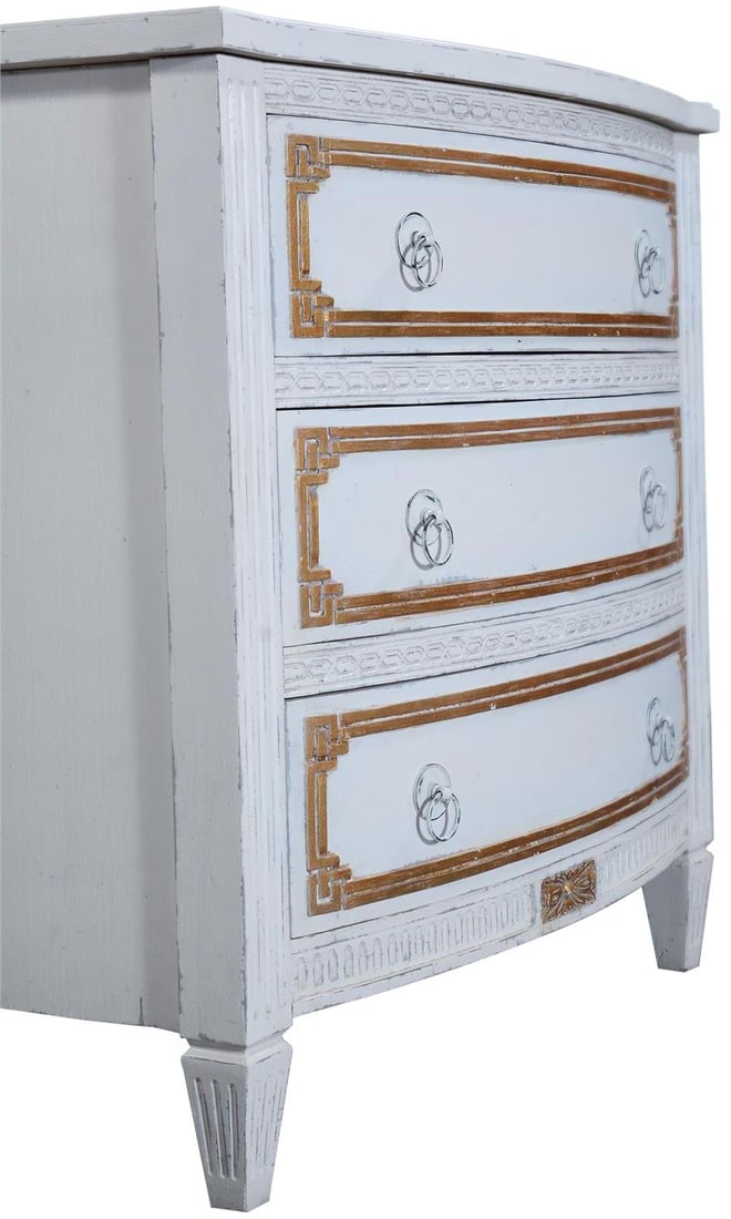 Louis XVI Style White Chest of Drawers with Brass Hardware: Louis XVI Style White Chest of Drawers with Brass Hardware Enhance your living space with this Luxurious French Style Chest of Drawers, designed with a charming antique or vintage aesthetic. This exqu