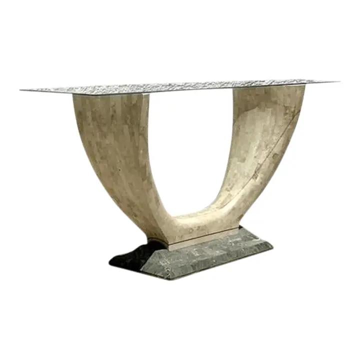 Vintage 1980s Boho Tessellated Stone Console Table with Glass Top: Vintage 1980s Boho Tessellated Stone Console Table with Glass Top Elevate your interior with this stunning vintage tessellated stone console table, showcasing a sophisticated texture and sculptural fo