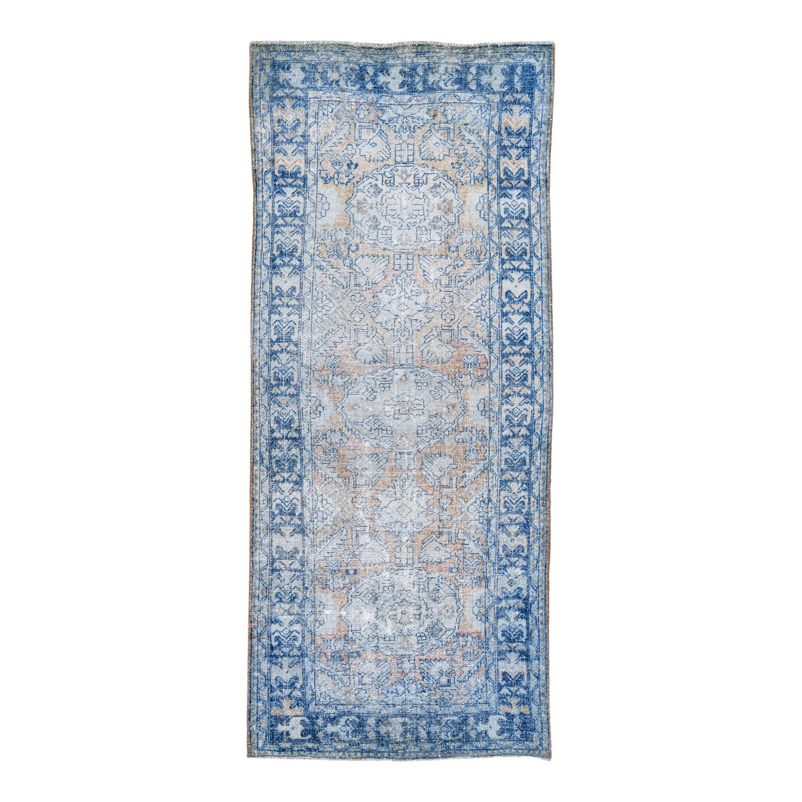 Vintage Persian Hamadan Distressed Wool Runner 4'2 x 9'11 Navy Blue Medallion: Vintage Persian Hamadan Distressed Wool Runner 4'2 x 9'11 Navy Blue Medallion This stunning vintage Persian Hamadan runner features a distressed hand-knotted wool construction with a rich navy blue fi