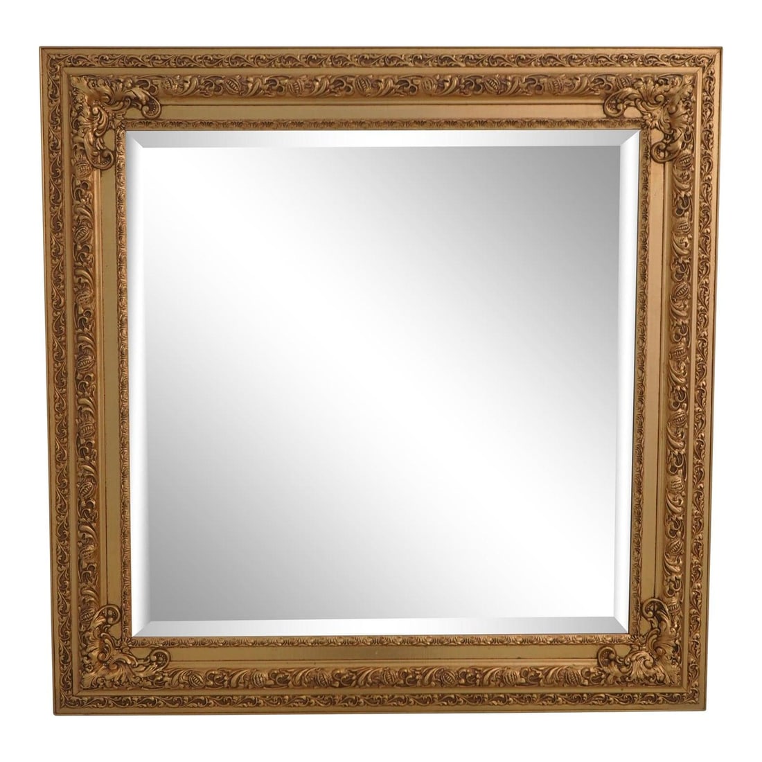 Square Ornate Mirror with Gold Frame and Beveled Glass by Ja Olsen: Square Ornate Mirror with Gold Frame and Beveled Glass by Ja Olsen This square mirror features a beveled glass surface and an ornate, detailed gold frame. The mirror has been well maintained and retai