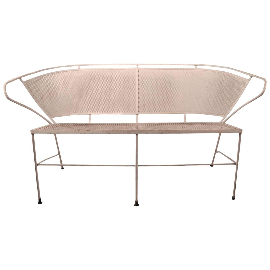 Vintage Metal Mesh Settee by Woodard Antique White Finish: Vintage Metal Mesh Settee by Woodard Antique White Finish This stylish metal mesh settee features an interesting wrap-around backrest design, attributed to the esteemed Woodard Furniture Company. The 