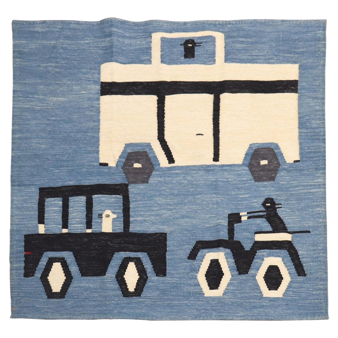 Vintage Persian Kilim 20th Century Pigeons Cars Motorcycle Wool Hand-Woven: Vintage Persian Kilim 20th Century Pigeons Cars Motorcycle Wool Hand-Woven Discover the unique charm of this vintage Persian flat-weave rug from the Zabihi Collection. Featuring a playful design with 