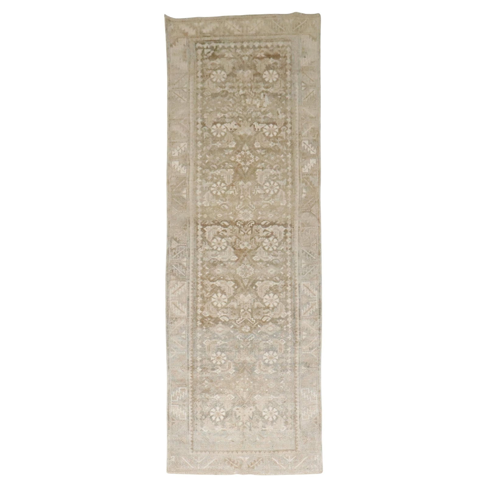 Vintage Persian Runner Wool Hand-Knotted 3'2 x 9'5 Iran: Vintage Persian Runner Wool Hand-Knotted 3'2 x 9'5 Iran Discover the exquisite beauty of this mid-20th-century Persian runner, showcasing a harmonious blend of brown and gray tones. Expertly hand-knot