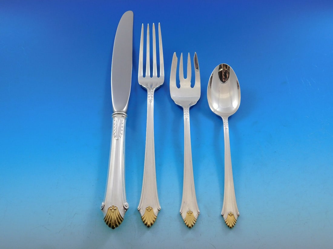 Gorham Edgemont Gold Sterling Silver 4-Piece Dinner Place Setting: Gorham Edgemont Gold Sterling Silver 4-Piece Dinner Place Setting Experience the elegance of the Edgemont Gold pattern by Gorham with this exquisite sterling silver dinner size place setting. This 4-p