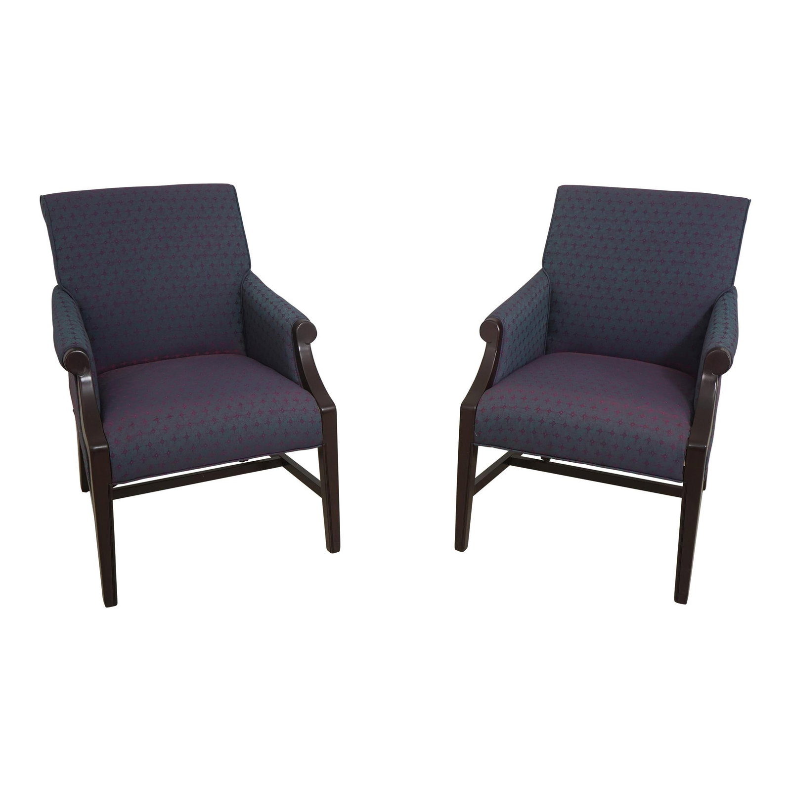 Elegant Pair of Iridescent Upholstered Arm Library Chairs: Elegant Pair of Iridescent Upholstered Arm Library Chairs This elegant pair of upholstered arm library chairs showcases a timeless design, featuring a rich dark cherry finish and iridescent upholstery