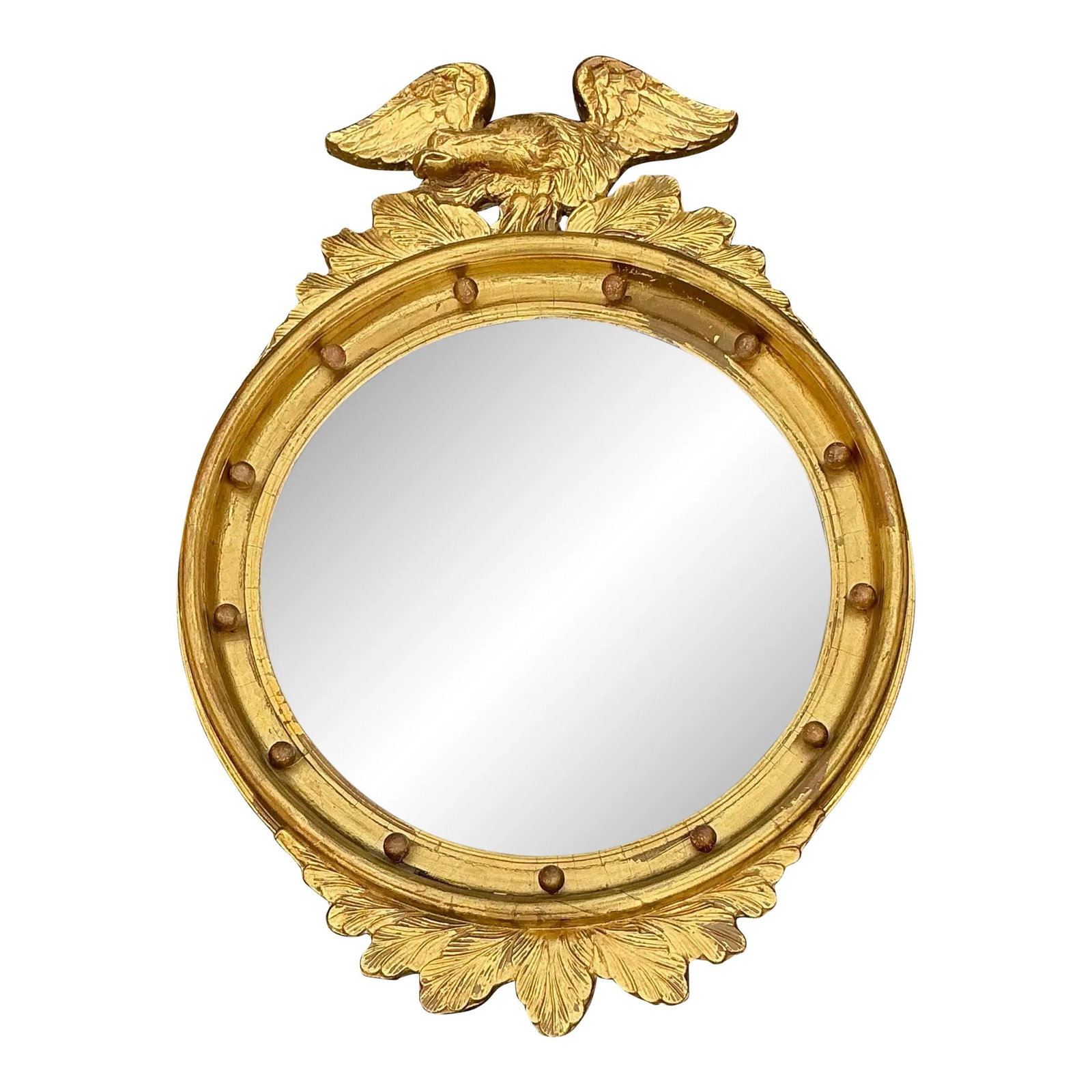 Vintage Regency Gilt Eagle Convex Mirror 22.25 x 30 Brass: Vintage Regency Gilt Eagle Convex Mirror 22.25 x 30 Brass Make a grand statement with this stunning Vintage Regency Gilt Federal Convex Eagle Mirror. A true masterpiece of Federal-style design, this m