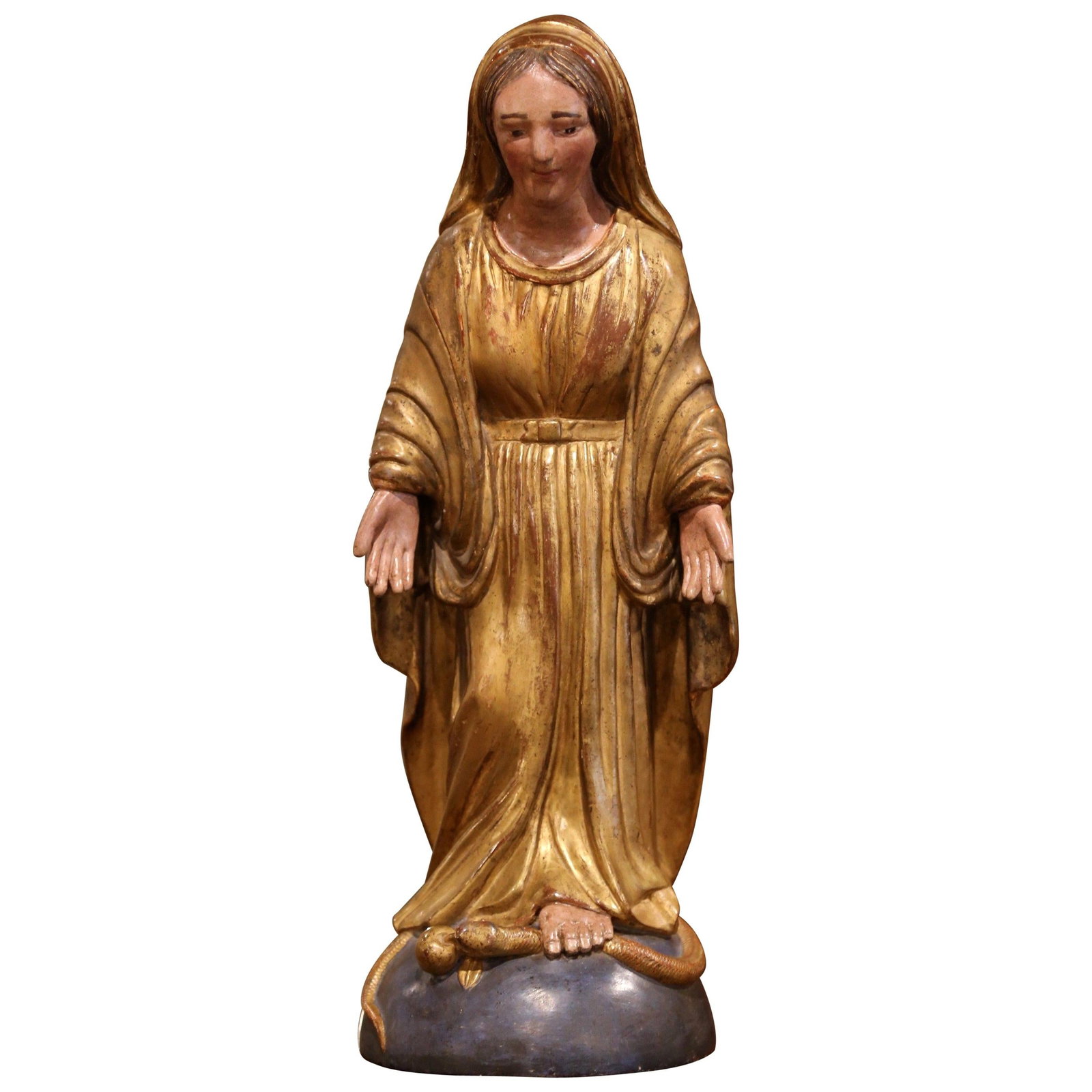 Mid-19th Century French Giltwood Virgin Mary Statue 22in: Mid-19th Century French Giltwood Virgin Mary Statue 22in This exquisite 19th Century French Polychrome and Giltwood statue of the Virgin Mary showcases devotional artistry from the mid-19th century. H