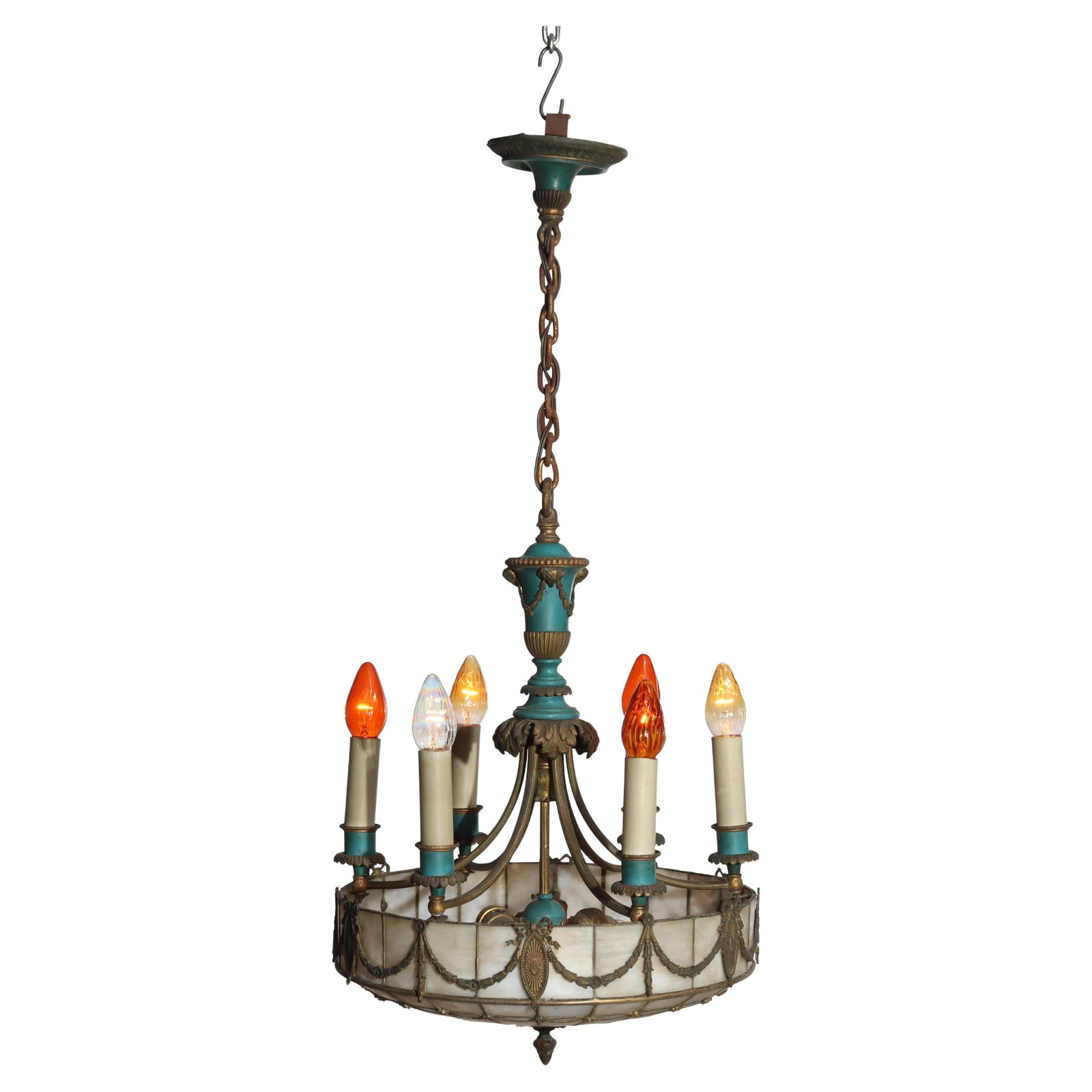 Early 20th Century Leaded Glass Eight-Light Arts and Crafts Chandelier: Early 20th Century Leaded Glass Eight-Light Arts and Crafts Chandelier This antique chandelier, dating to circa 1920, blends Classical and Arts & Crafts design elements. It features a distinctive lead