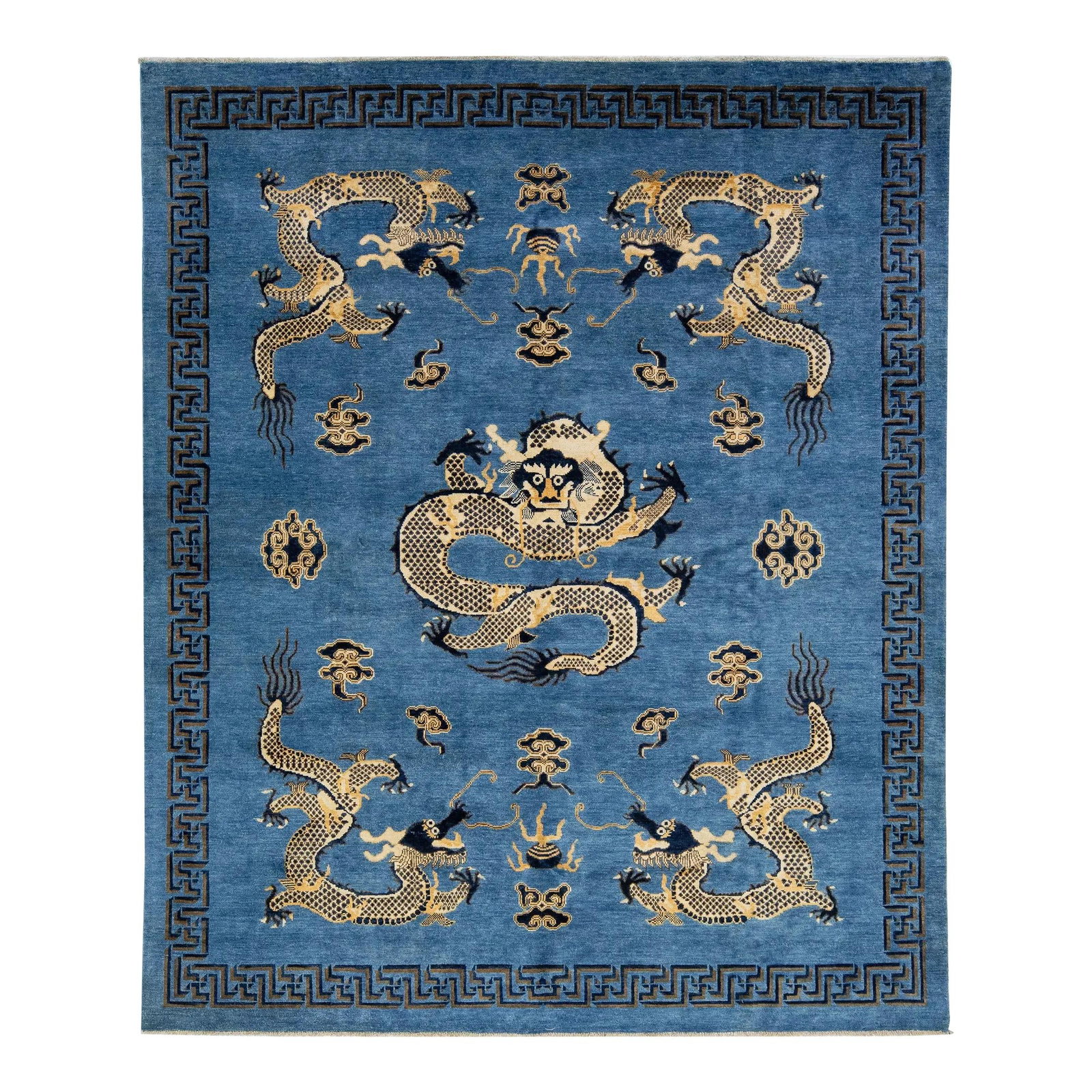 Blue Hand-Knotted Wool Rug with Dragon Design 8' x 9'9': Blue Hand-Knotted Wool Rug with Dragon Design 8' x 9'9' Elevate your space with this stunning modern Chinese-style handmade wool rug. Featuring a striking navy blue field complemented by intricate bei