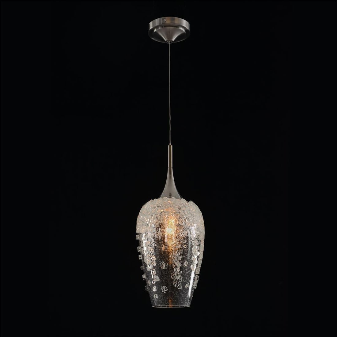 John-Richard Aureo Brushed Nickel 1-Light Pendant Lamp: John-Richard Aureo Brushed Nickel 1-Light Pendant Lamp Illuminate your space with the Exquisite Aureo Single-Light Pendant, a stunning addition to your lighting collection. This pendant features a sle