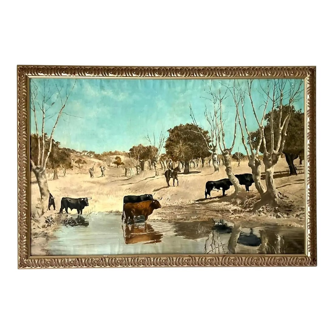 Original Western Pastoral Oil Painting on Canvas Vintage Boho Style: Original Western Pastoral Oil Painting on Canvas Vintage Boho Style This vintage Boho Western landscape oil painting on canvas features a tranquil scene of cattle grazing beside a reflective pond, sur