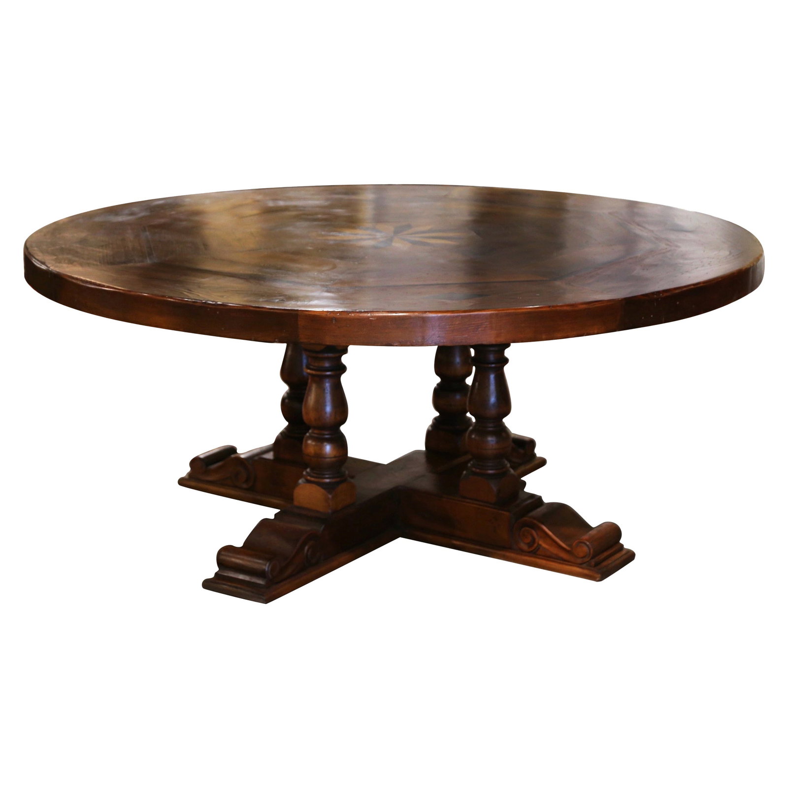 Round Louis XIII Style French Dining Table With Walnut and Fruitwood Marquetry Inlay: Round Louis XIII Style French Dining Table With Walnut and Fruitwood Marquetry Inlay This French Louis XIII style dining table, crafted circa 2000, features a generous round form designed to seat eigh