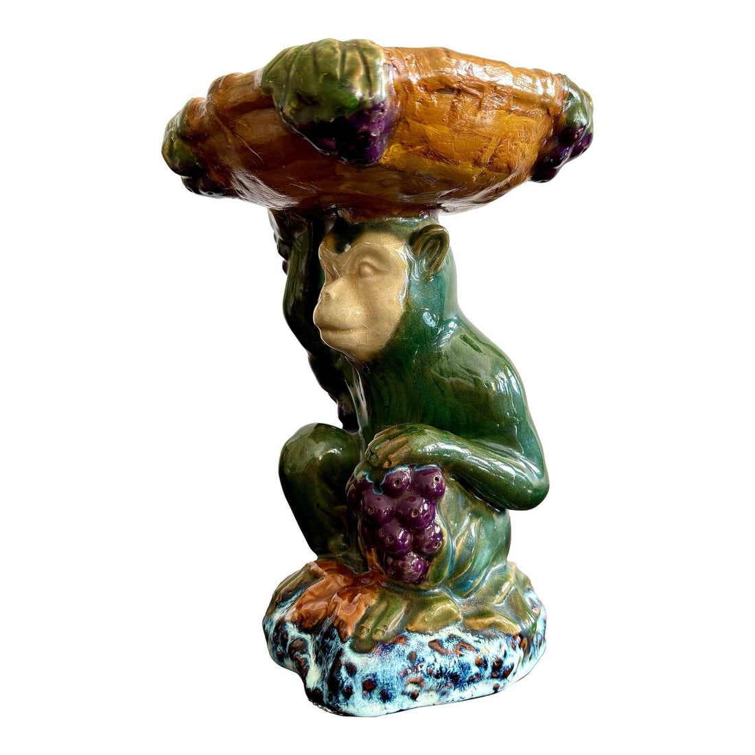 Whimsical Vintage Ceramic Monkey Dish in Majolica Glaze: Whimsical Vintage Ceramic Monkey Dish in Majolica Glaze Enhance your home decor with this charming Vintage Boho Glazed Ceramic Monkey Decorative Dish. This whimsical piece showcases a playful monkey f